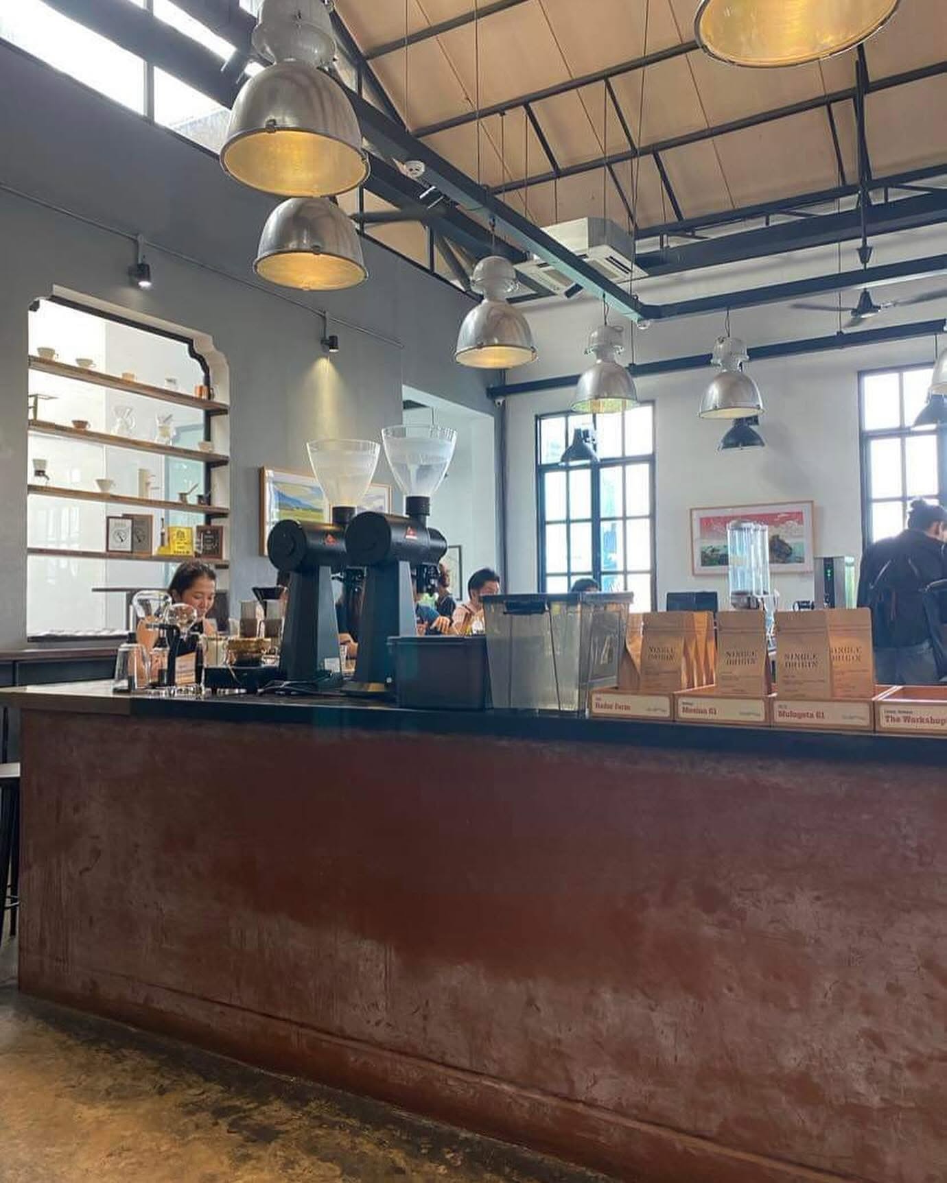 The counter at Behag Din Smag under industrial pendant lights, with grinders, filter brewers, and rows of single origin bean bags on display
