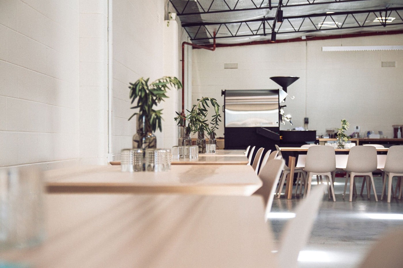 The warehouse interior at Coffee in Common, with communal timber tables, glass bottles of eucalyptus leaves, and the roasting machine visible in the background.