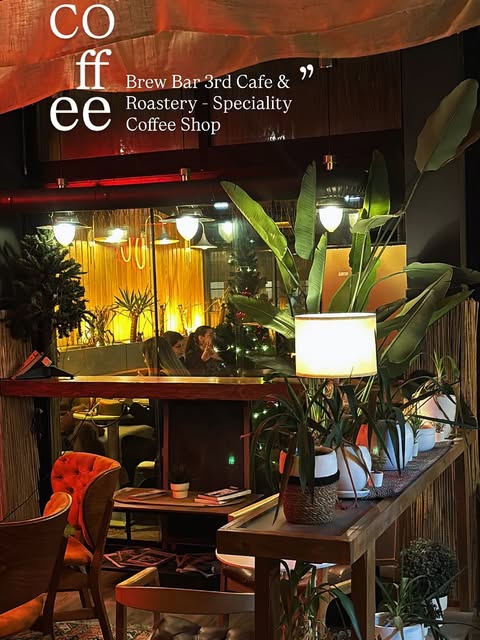 A cozy lounge corner at Brew Bar Cafe in Bratislava with potted plants and warm lighting