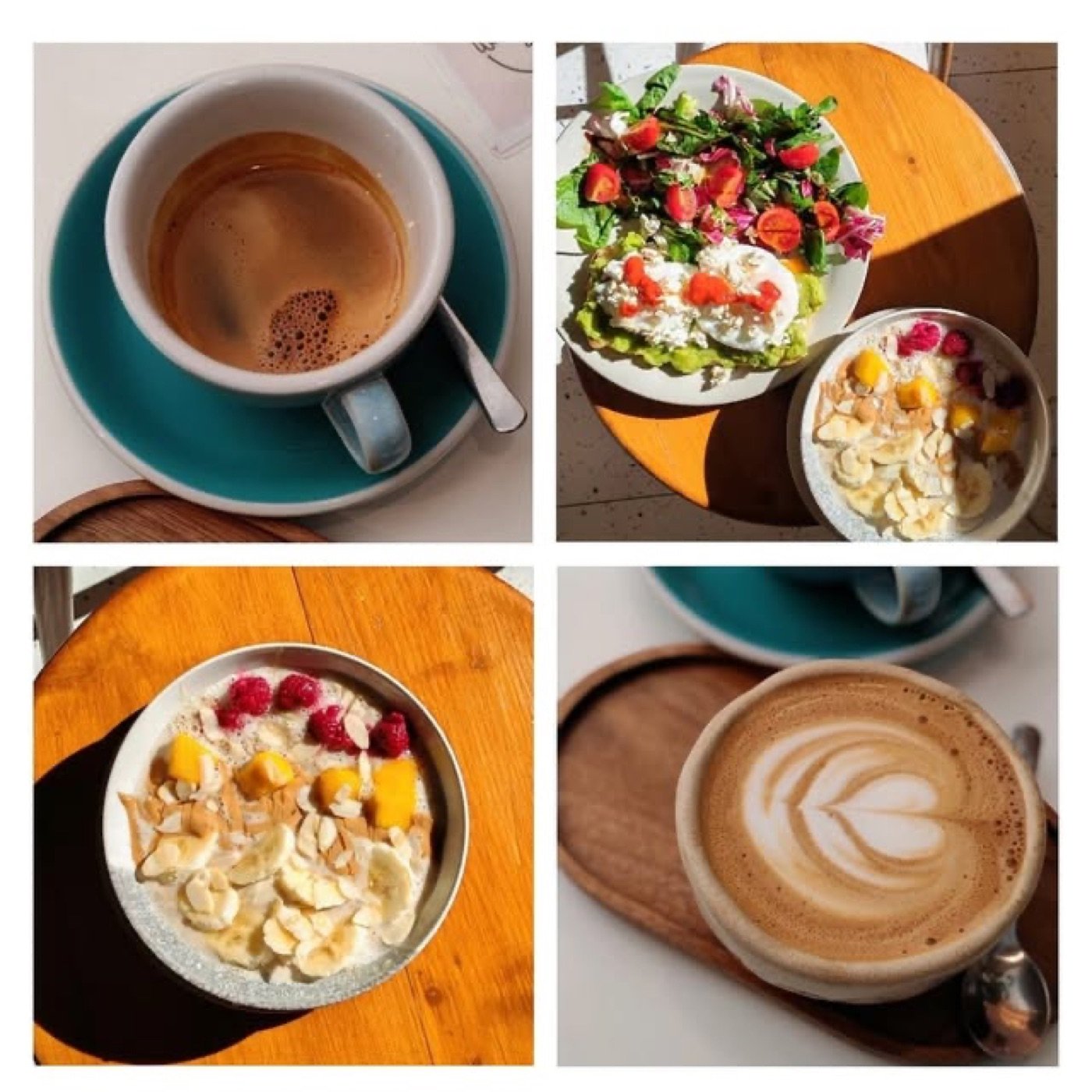 A four photo grid of espresso, breakfast bowls, and latte art at KOPP Specialty Coffee