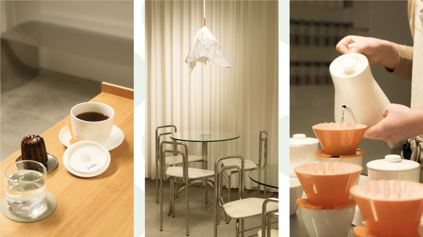 A triptych from April Coffee Roasters: a filter coffee and pastry, the dining room's pendant light, and pour-over service