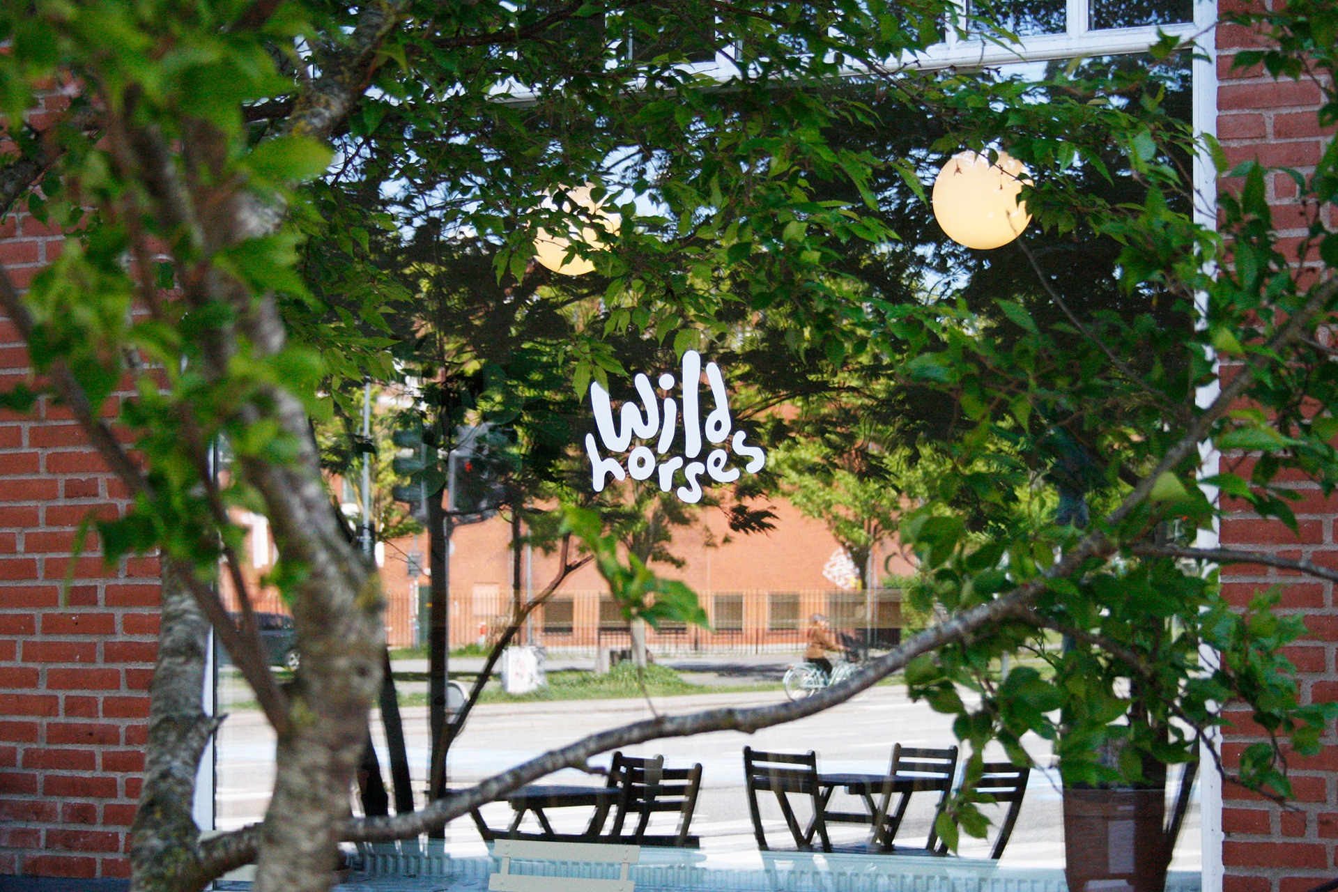 The Wild Horses logo on the front window of the Sydhavn cafe, seen through tree branches with empty cafe tables visible inside