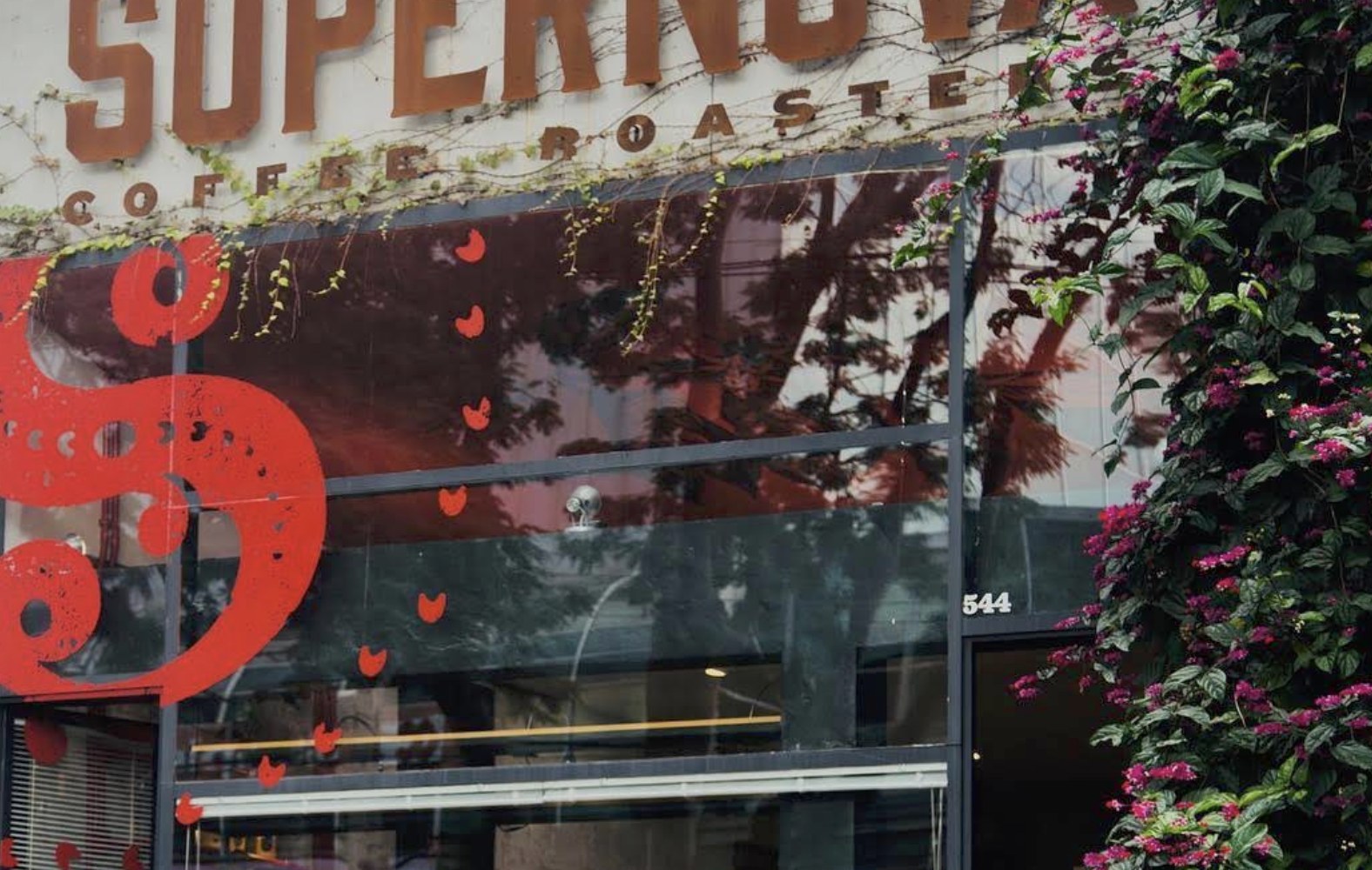 The vine covered storefront and signage at Supernova Coffee Roasters
