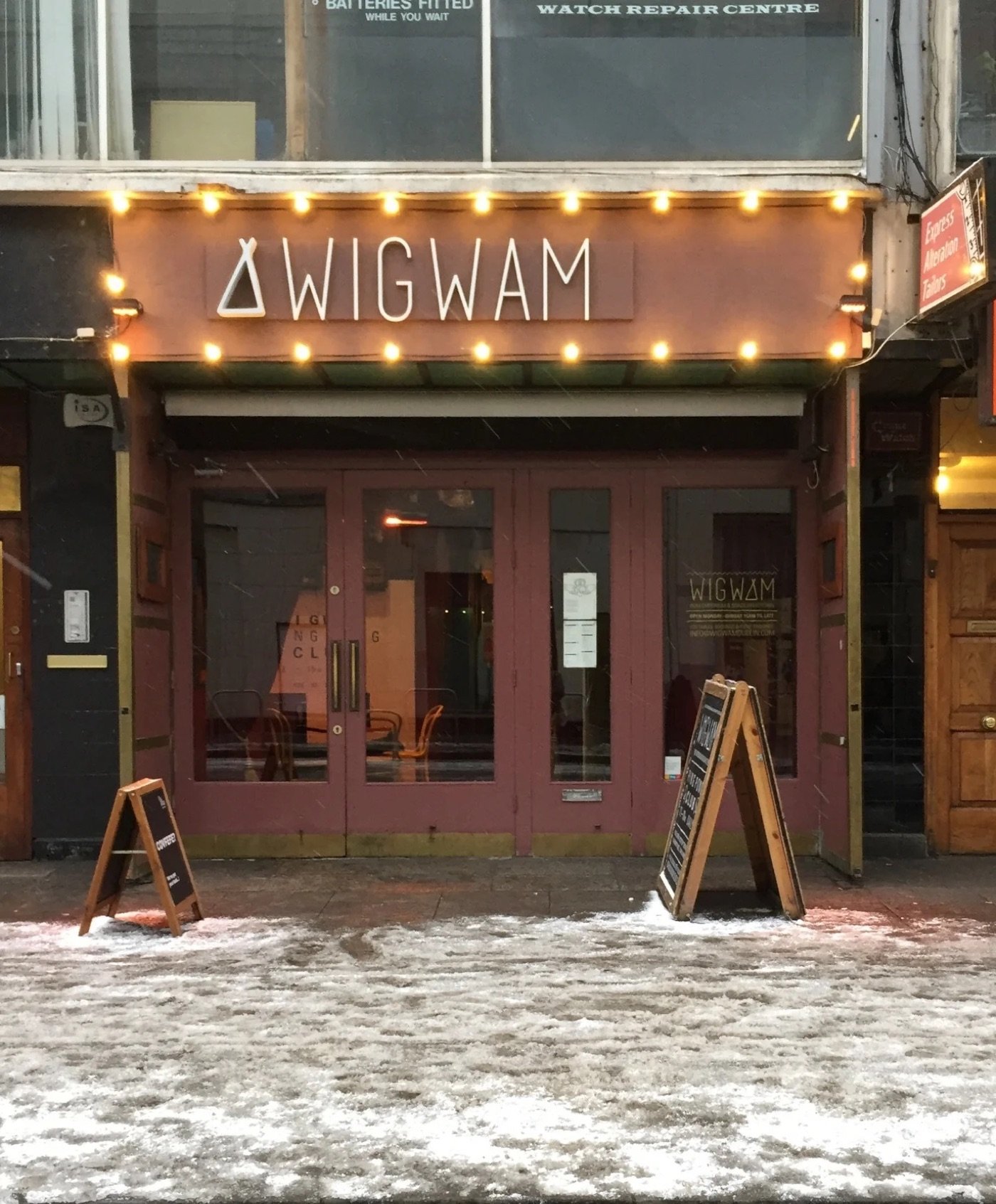 The illuminated Wigwam sign above the entrance on Middle Abbey Street, where Vice Coffee Inc runs its counter
