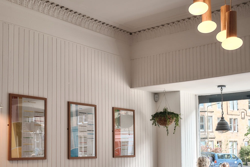 Bright interior corner of Machina Coffee Marchmont with white tongue and groove panelling, ornate ceiling coving, wooden pendant lights, and a street facing window looking onto Marchmont Road tenements