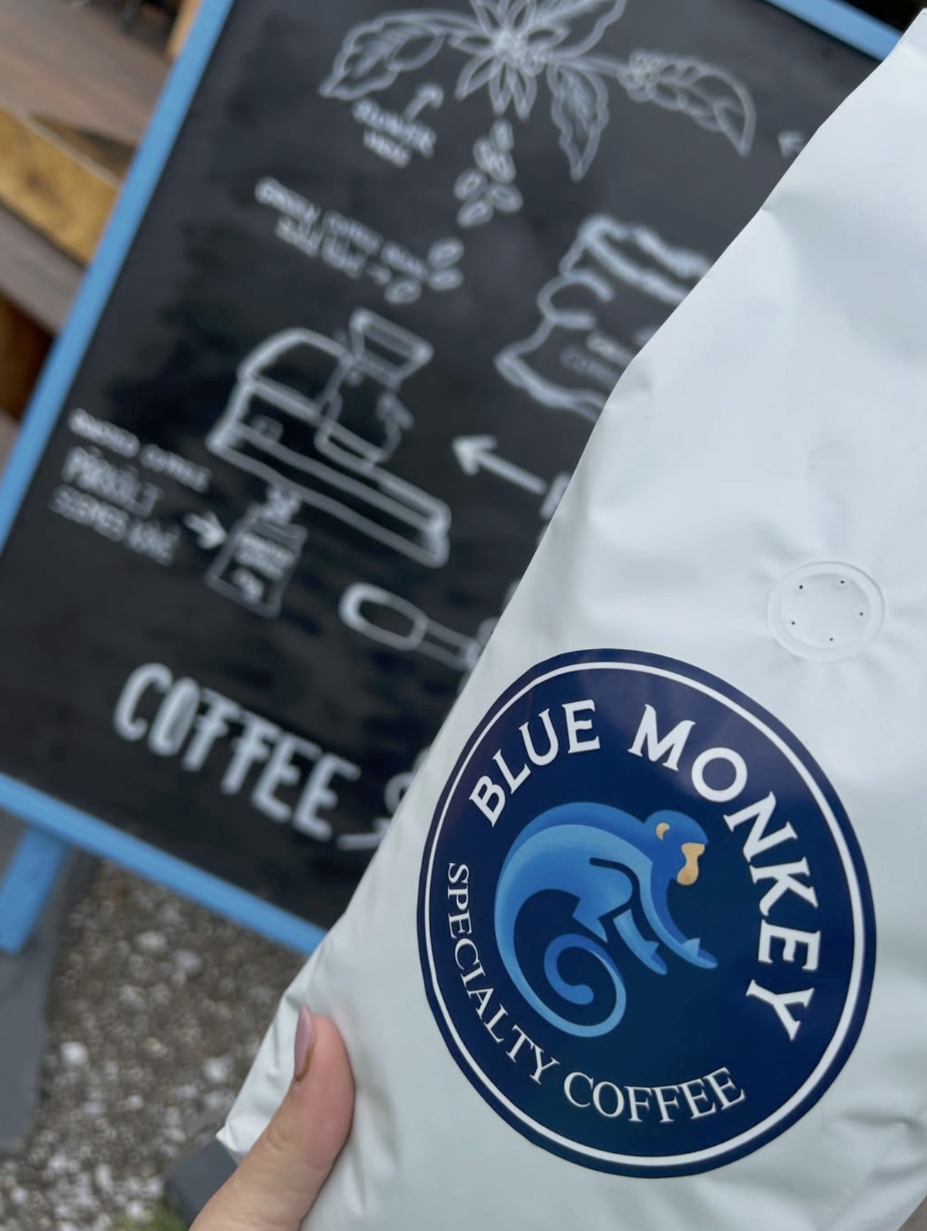 A hand holding a Blue Monkey Specialty Coffee branded bag of beans in front of the shop's chalkboard sign