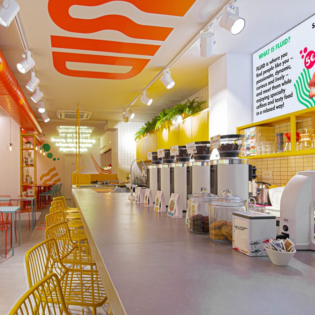 The FLUID counter lined with coffee grinders and brewers under a bold orange FLUID logo painted on the ceiling