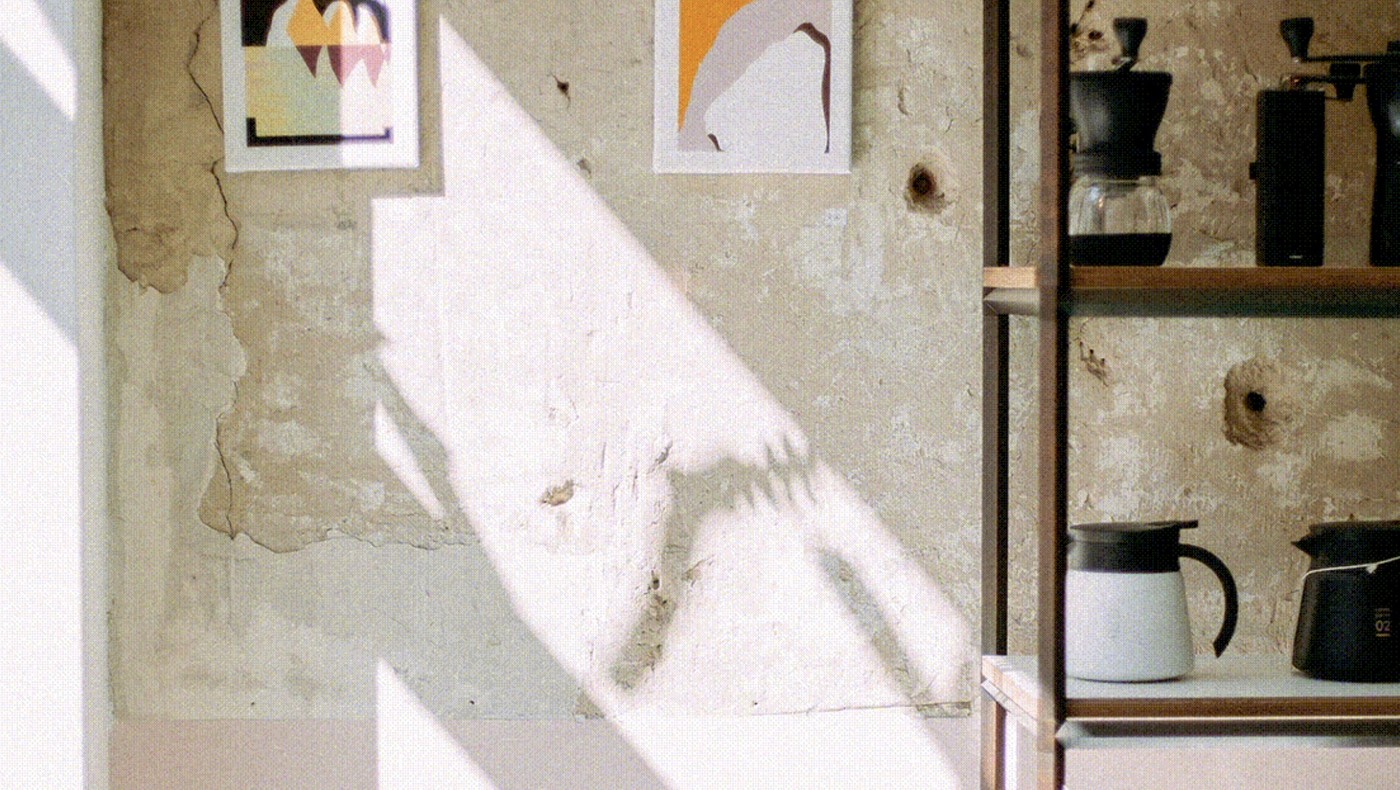 Sunlight cutting across a textured concrete wall beside a shelf of pour over brewers, kettles, and grinders at Vandekerckhove