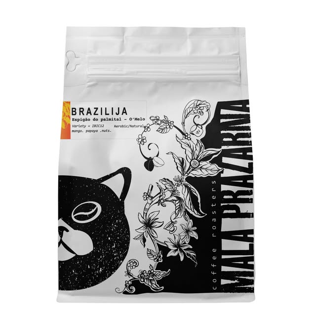 A Mala Prazarna coffee bag from Brazil, printed with the roastery's black cat mascot
