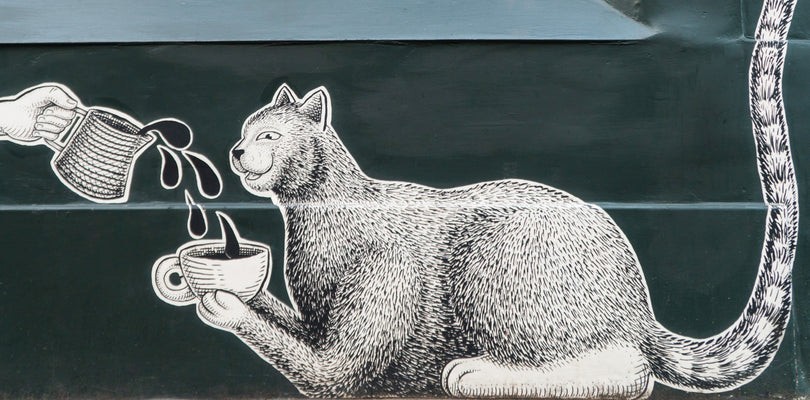 An illustrated black and white mural on the shop's exterior wall of a cat being poured a cup of coffee