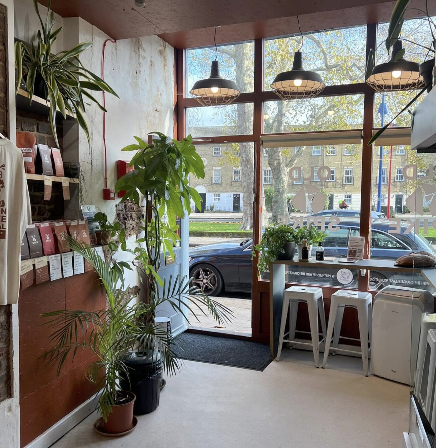 A plant filled interior looking toward the open street entrance, retail coffee bags on shelving to the left