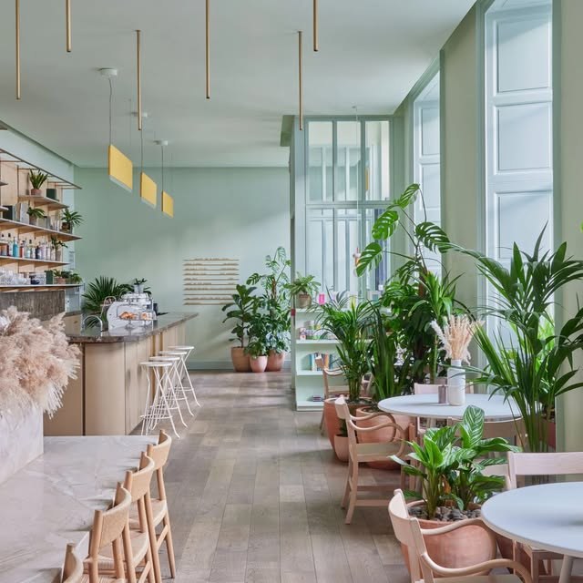 A plant-filled dining room at Mayvn, marble counter and bar stools on one side, cafe tables among potted palms on the other