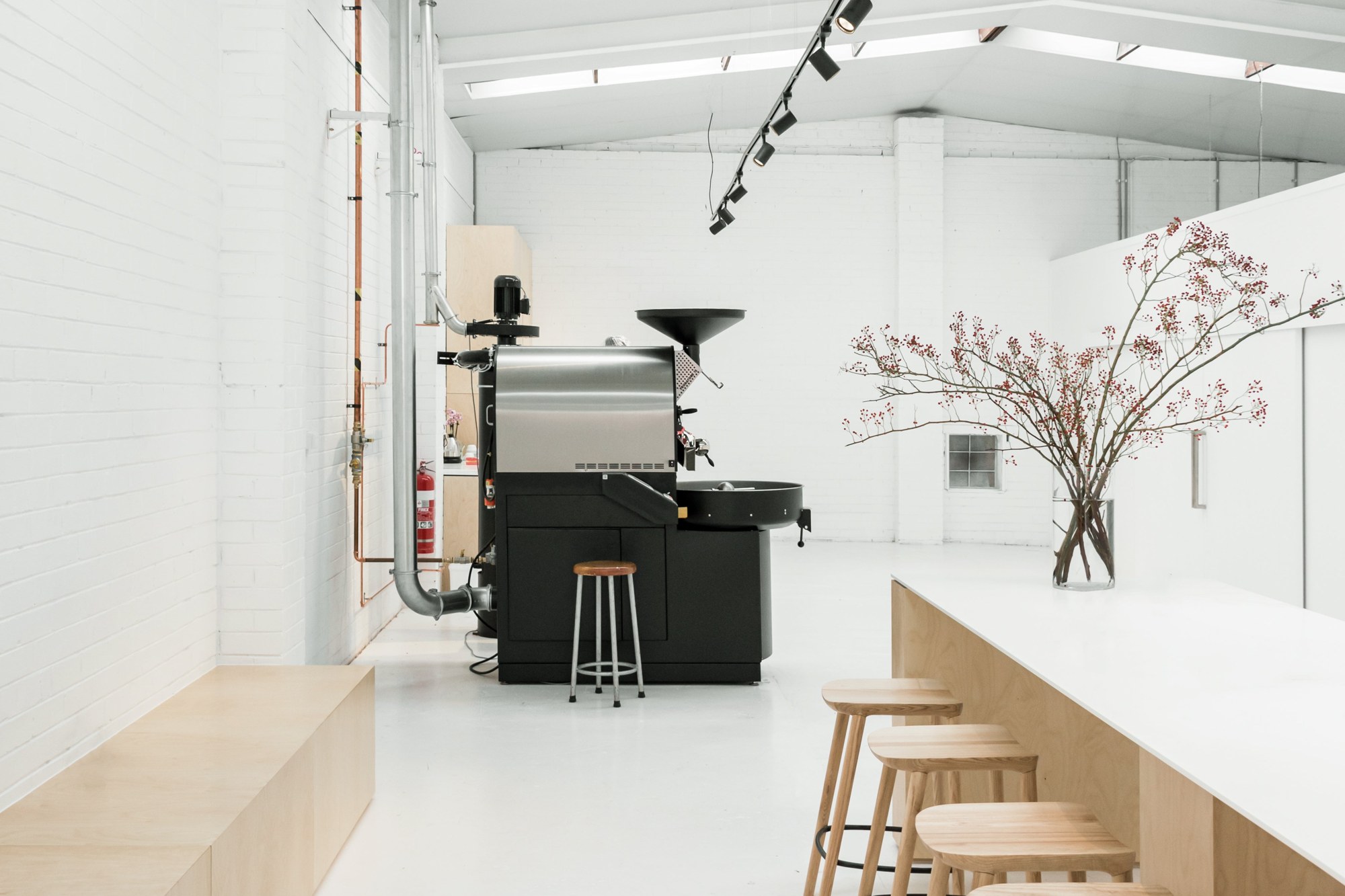 The all white Acoffee roastery with a black and steel roaster, a plywood bench, wooden stools at a white counter and a vase of red berried branches