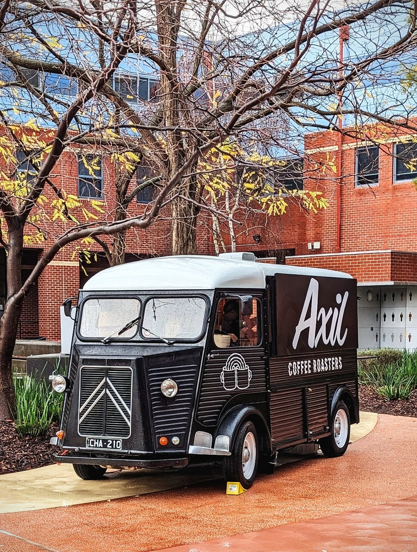 A vintage black and white Citroën van branded Axil Coffee Roasters, parked beneath bare trees outside a brick building