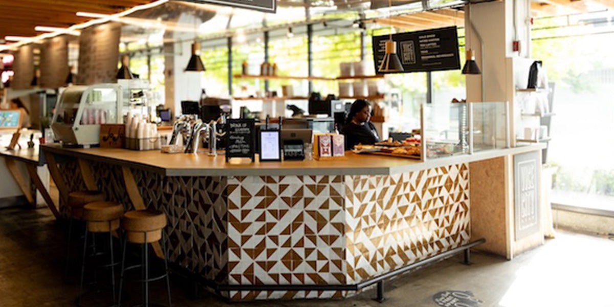 The geometric tiled counter at a Vice City Bean location