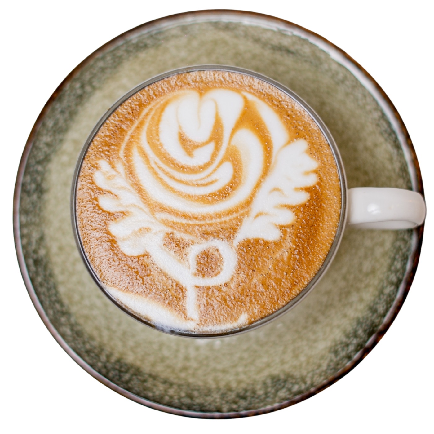 A rosetta latte art pattern in a cappuccino on a green ceramic saucer at Artisan Blend Cafe