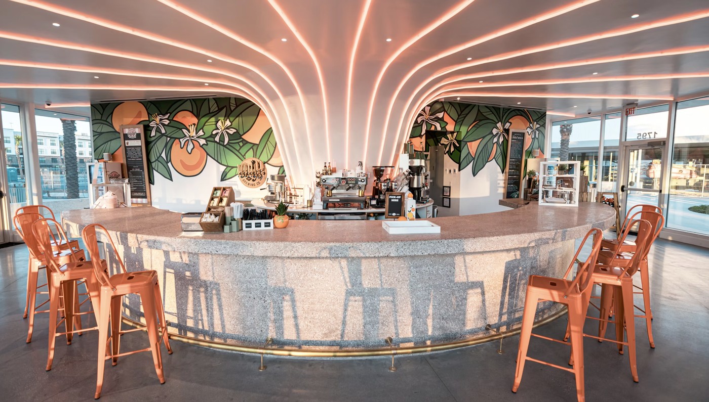 The curved counter inside Foxtail's round Packing District building, orange stools set beneath a citrus mural and radiating terracotta ceiling lights