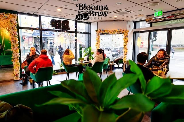 The floral framed window and green velvet seating inside Bloom and Brew Cafe on Stenersgata, with customers seated at small tables