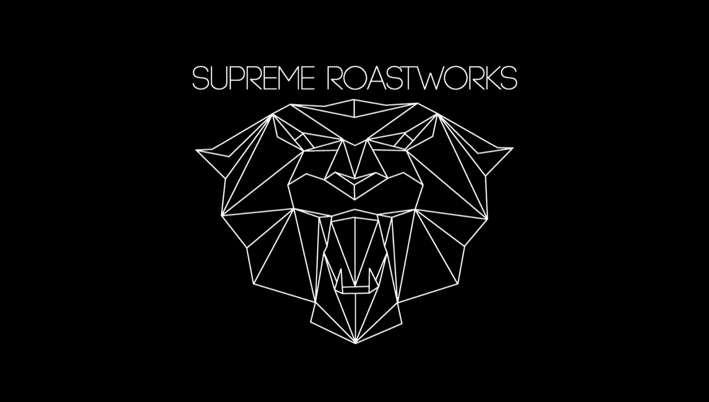 The Supreme Roastworks wordmark above a geometric line-art wolf's head, white on black