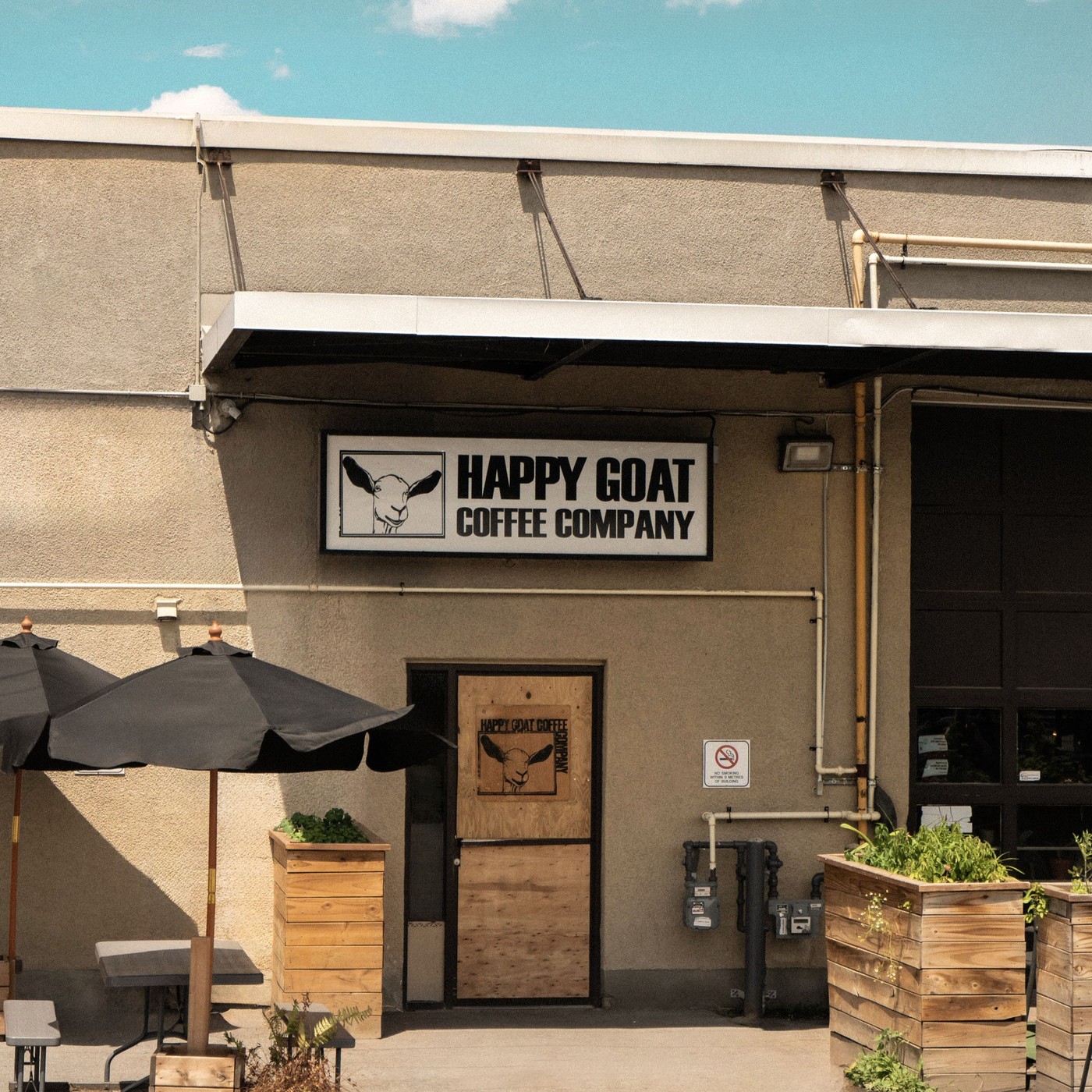 Exterior of the Happy Goat Coffee Company building on Laurel Street, with the black and white goat logo sign above a boarded side door and a patio of black umbrellas and picnic tables out front