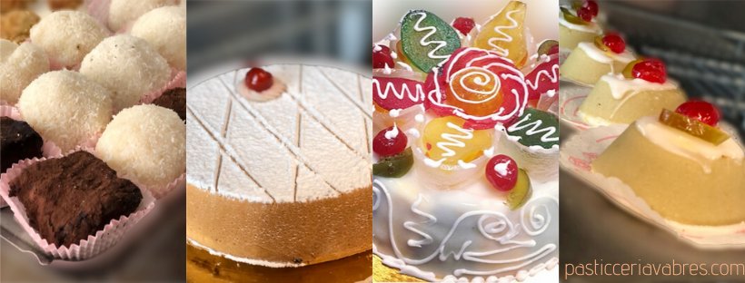 A row of Bar Vabres pastries including coconut truffles, a dusted cake, and a decorated cassata
