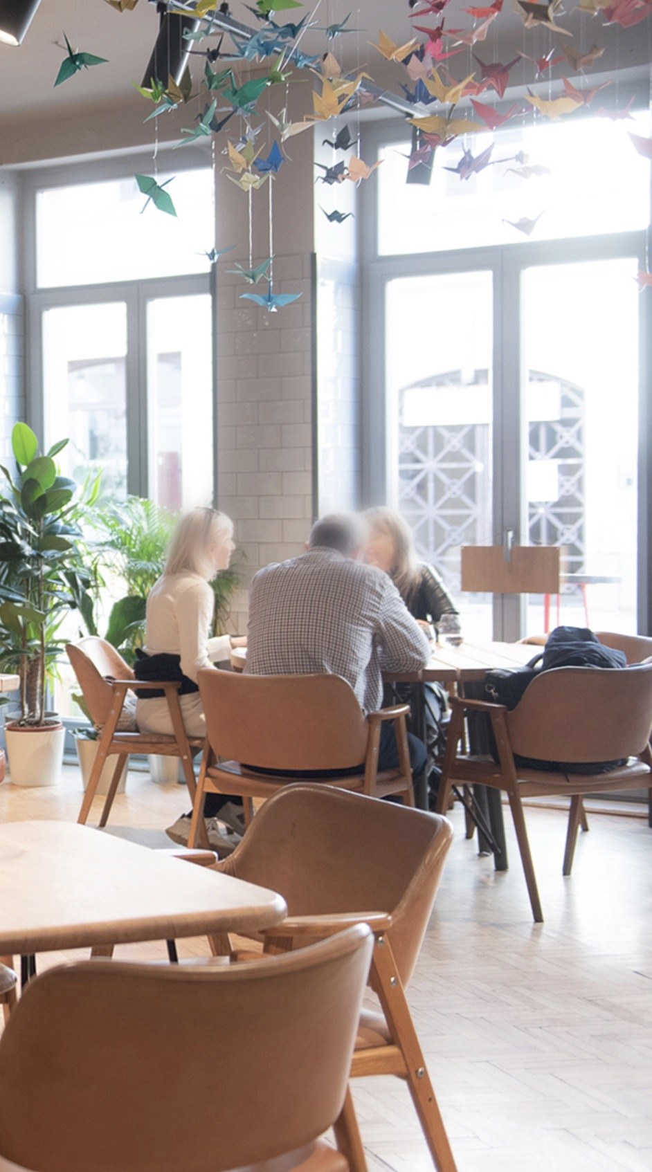 The interior of Morzsa with hanging origami crane decorations, plants, and guests seated at wooden tables
