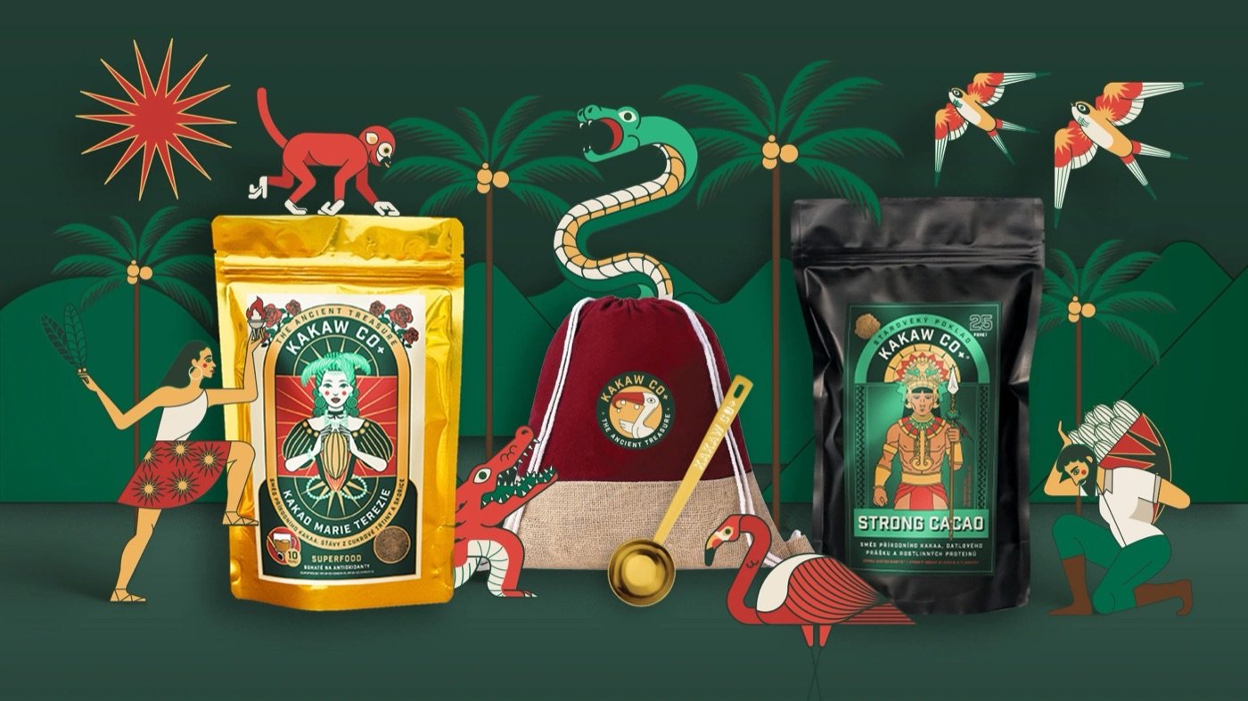 Illustrated KakawCo packaging, retail cacao bags and a drawstring pouch against a jungle themed backdrop