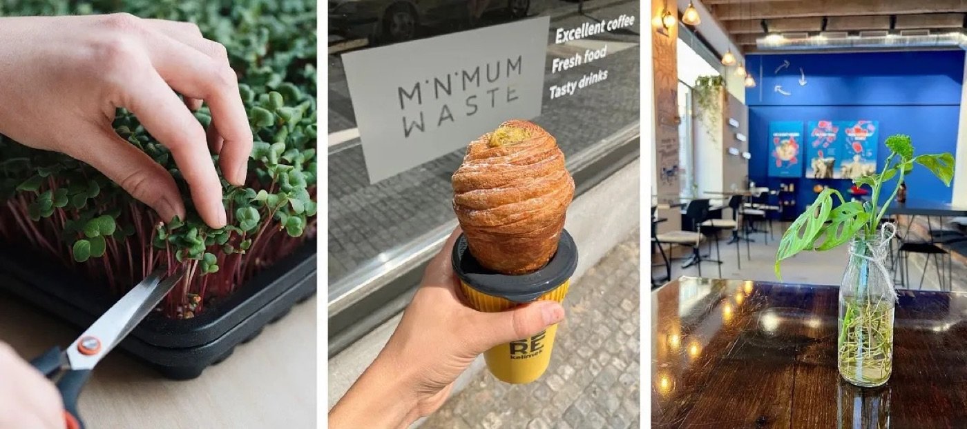 A triptych from Minimum Waste: trimming microgreens, a pastry held outside the storefront window, and the dining room with its blue accent wall