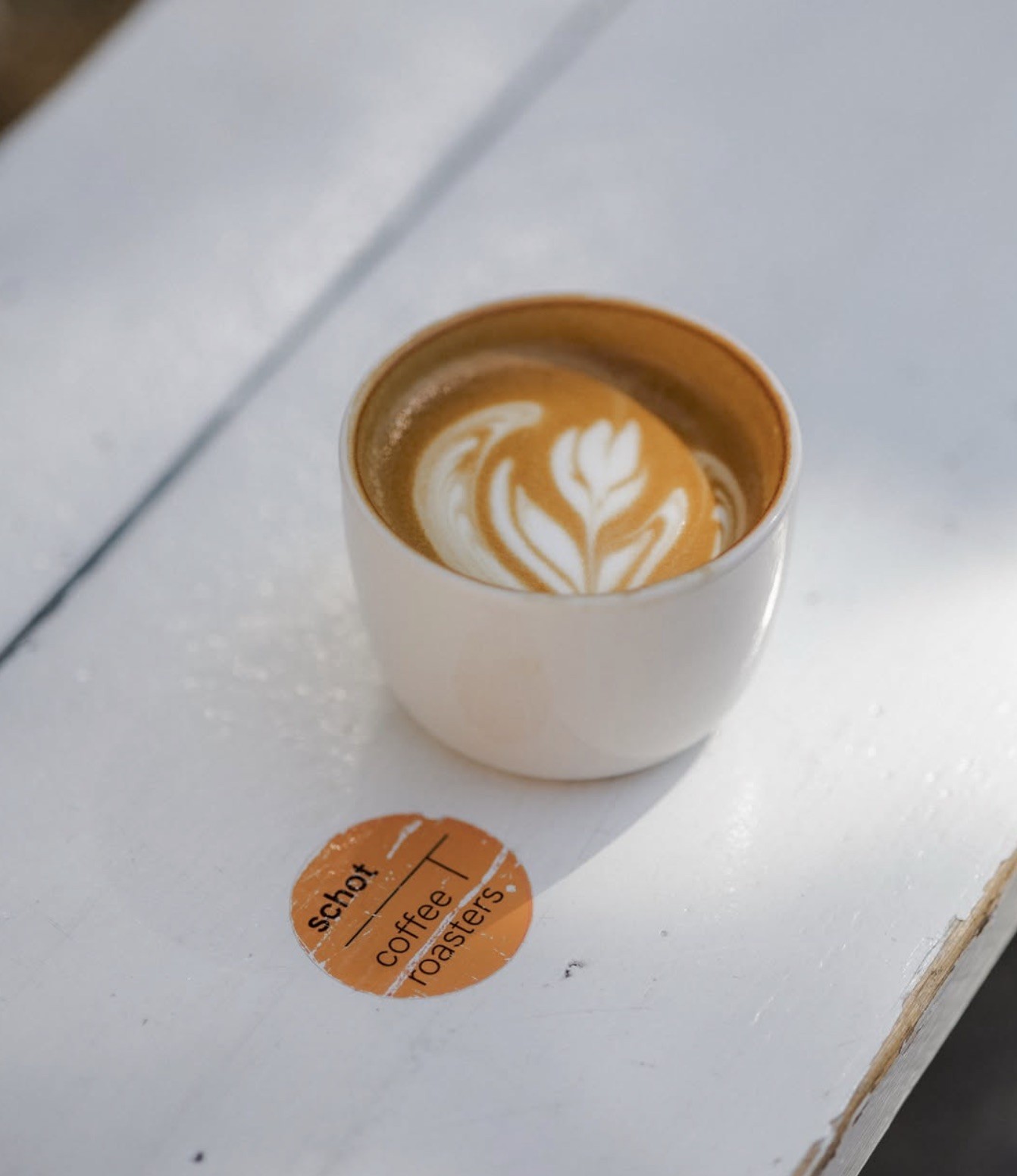 A latte with leaf art in a white cup on a white table beside a Schot Coffee Roasters sticker