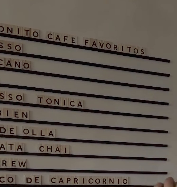 The Bonito Cafe Favoritos menu board, spelled out in wooden letter tiles
