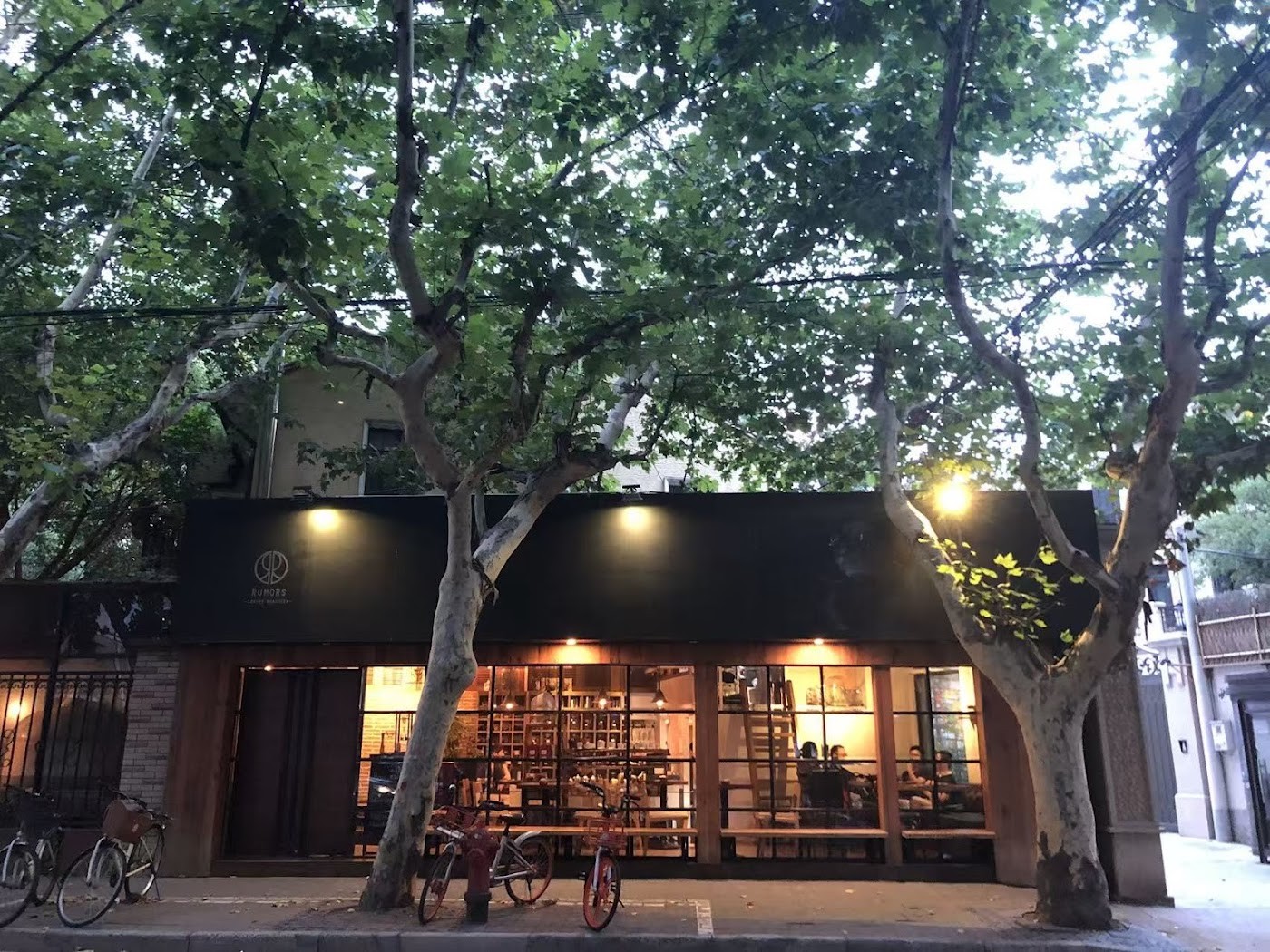 The Rumors Coffee Roasters storefront lit up at dusk beneath plane trees on Xingguo Road, with shared bicycles parked outside