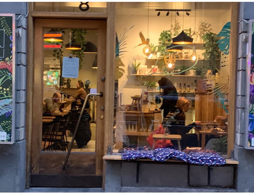 The Volca Coffee Roasters storefront at dusk, plants and a mural visible through the window