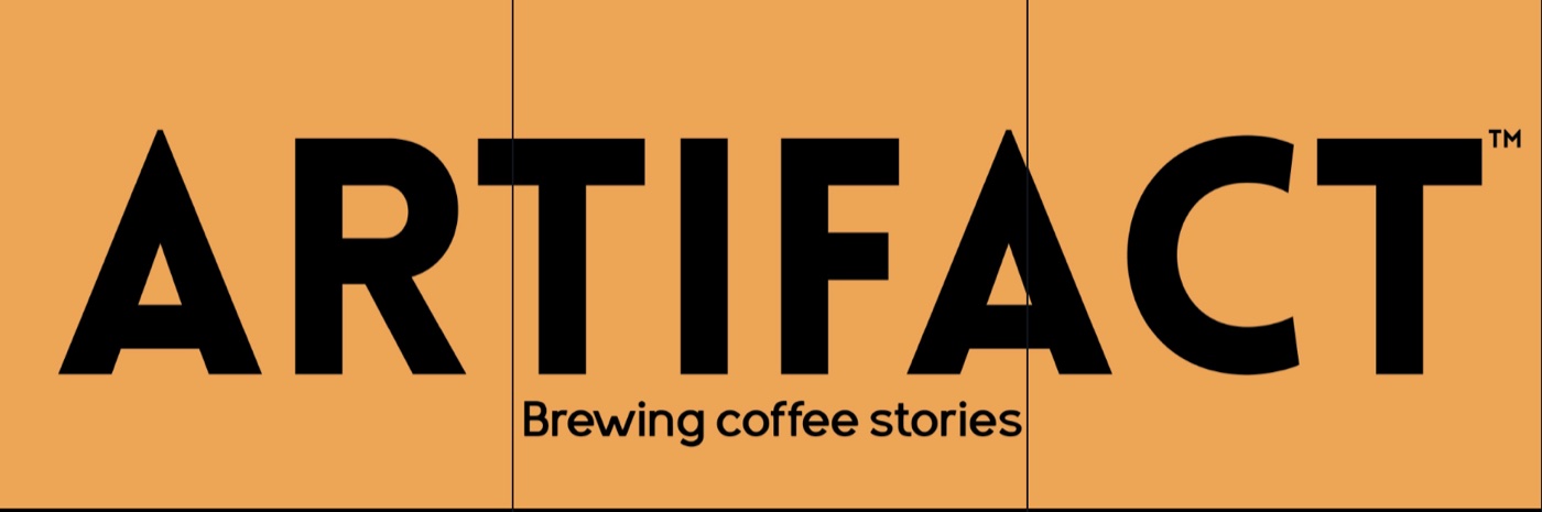 The Artifact wordmark logo, 'Brewing coffee stories,' black text on an orange background