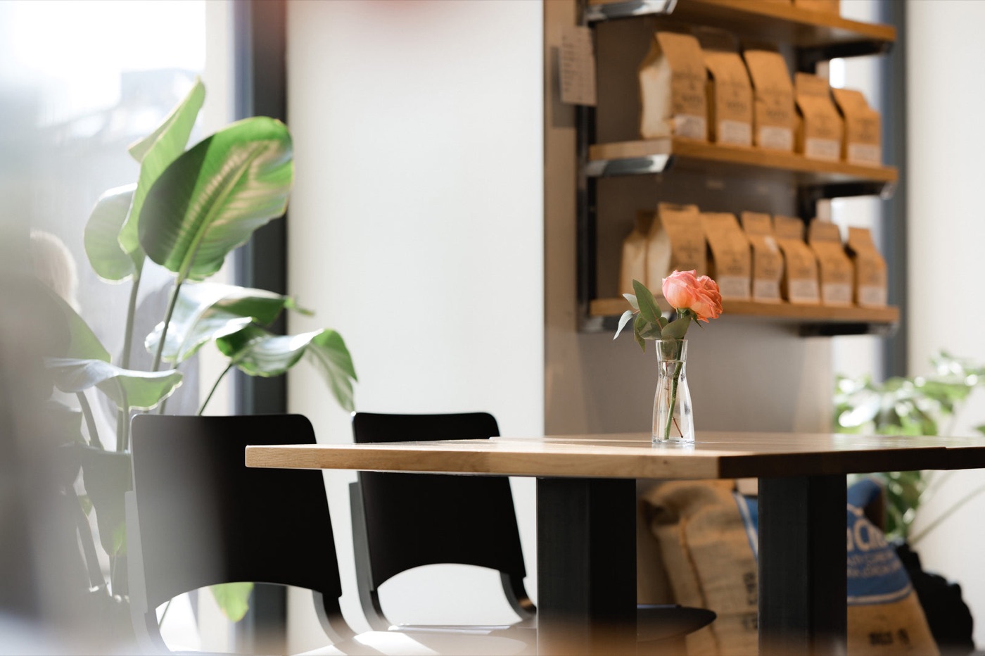 A wooden table with a single rose in a vase at GOTA Coffee Experts, bagged coffee on the retail shelf behind