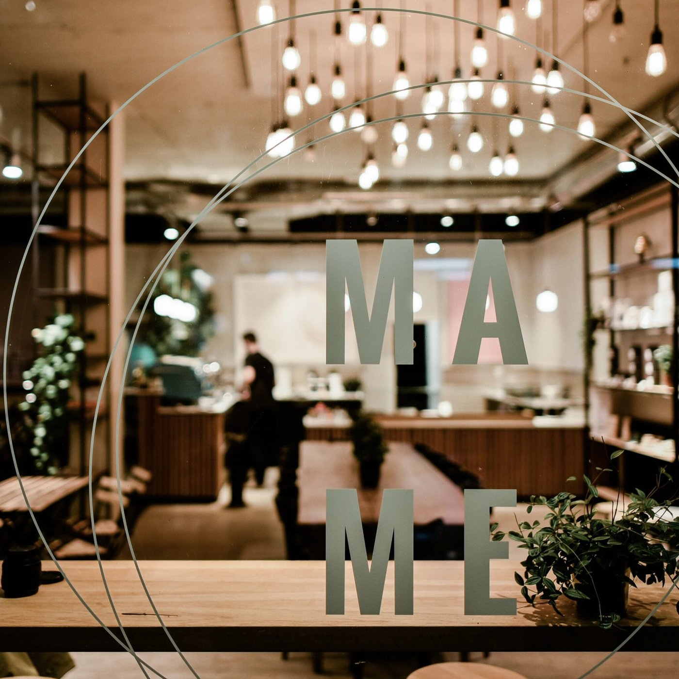 Looking through the MAME window lettering into the shop, hanging bulb lights and a wood counter inside